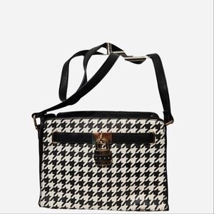 Black and White Houndstooth Crossbody Bag with Gold Lock Detail